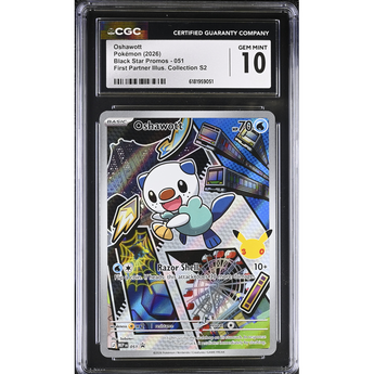 CGC Gem Mint 10 graded Oshawott Black Star Promo 051 Pokémon card with vibrant city-themed holographic artwork.