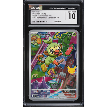 CGC Gem Mint 10 graded Grookey Black Star Promo trading card featuring colorful, vibrant cartoon artwork.