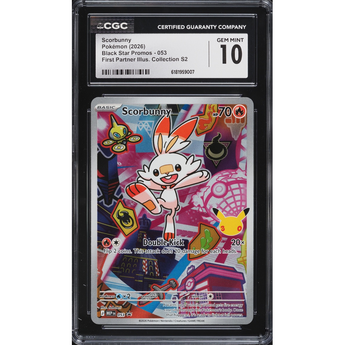 CGC Gem Mint 10 Scorbunny Black Star Promo card featuring colorful pop-art graphics and a holographic finish.