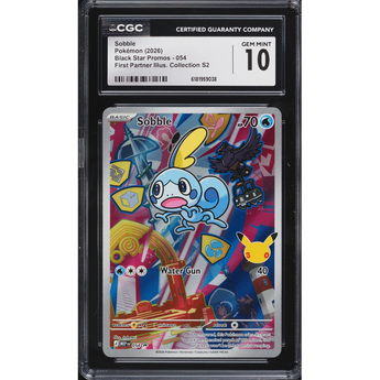 Graded CGC Gem Mint 10 Sobble Black Star Promo card featuring colorful, stylized artwork in a protective plastic slab.