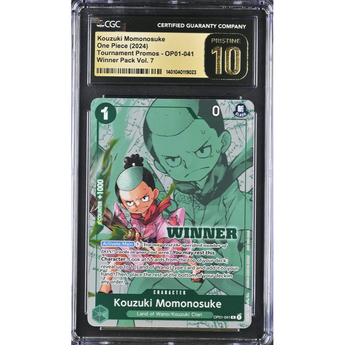 CGC Pristine 10 graded Kouzuki Momonosuke One Piece trading card with Winner stamp in a protective plastic slab.
