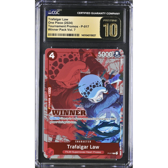 CGC Pristine 10 graded Trafalgar Law P-017 One Piece promo card featuring red and blue character artwork.
