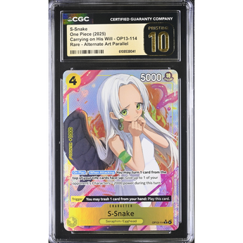 Graded CGC 10 S-Snake One Piece trading card featuring alternate art of the white-haired character in a plastic slab.