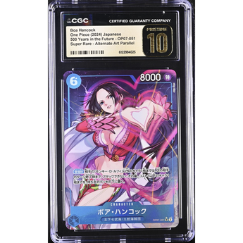 CGC Pristine 10 graded Japanese Boa Hancock OP07-051 alternate art card featuring vibrant pink and blue anime artwork.