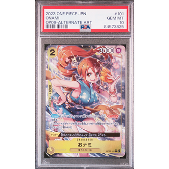 PSA 10 graded O-Nami OP06-101 alternate art One Piece card featuring a vibrant anime illustration of Nami.