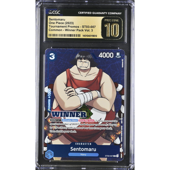 Graded Sentomaru One Piece Winner promo card in a CGC Pristine 10 slab featuring the character in a red outfit.
