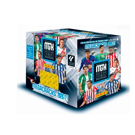 Caja de 50 sobres Panini Megacracks 2026-27 con diseño del 25 aniversario y fotos de jugadores de LALIGA en colores azul y blanco.