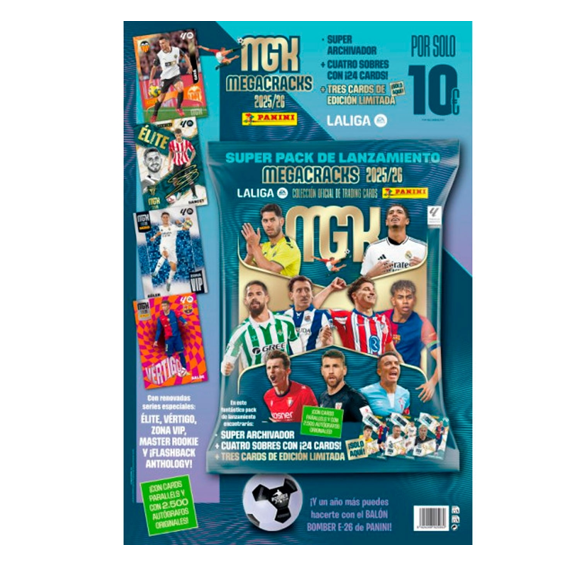 Pack de lanzamiento Panini Megacracks 2025/26 con archivador, cuatro sobres de cartas de LaLiga y tres cartas edición limitada.