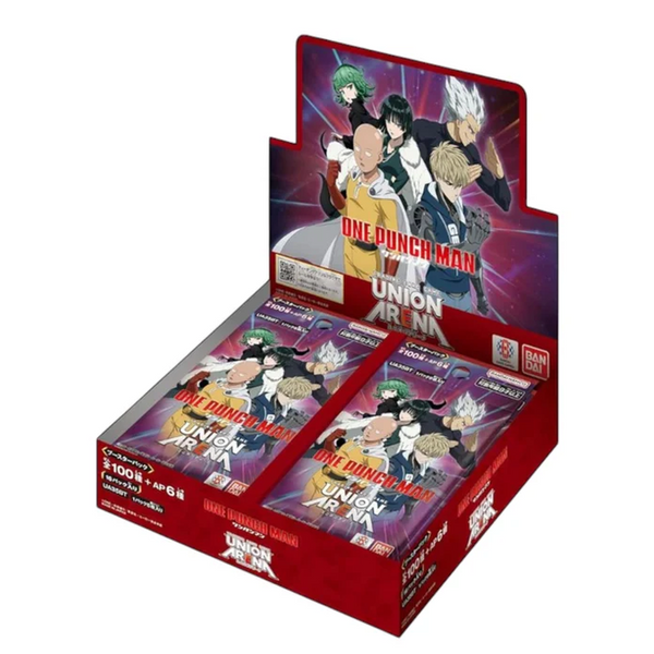 Caja expositora de sobres Union Arena One Punch Man con ilustraciones de Saitama, Genos y otros personajes en tonos rojos.