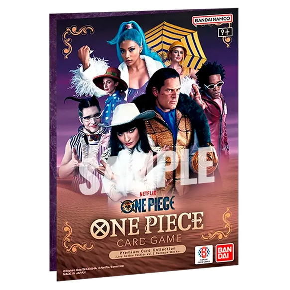Álbum expositor de cartas One Piece Live Action Edition Vol.2 con personajes de Baroque Works sobre fondo desértico.