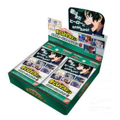 Caja expositora de My Hero Academia Metal Card Collection Vol. 6 con tarjetas metálicas brillantes de personajes del anime.