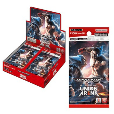 Caja expositora y sobre de cartas coleccionables Union Arena Tekken 7 con ilustraciones de Kazuya y Heihachi Mishima.