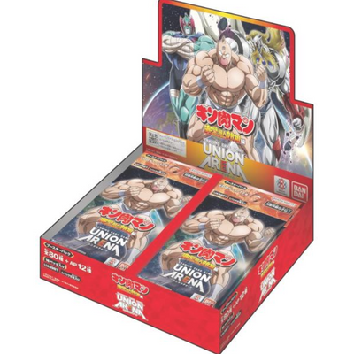 Caja de sobres Union Arena Kinnikuman UA39BT con ilustraciones de personajes en color y logo de Bandai.