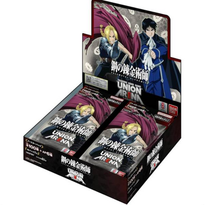 Caja de sobres Union Arena Fullmetal Alchemist con ilustraciones de Edward Elric y Roy Mustang en tonos rojos y azules.