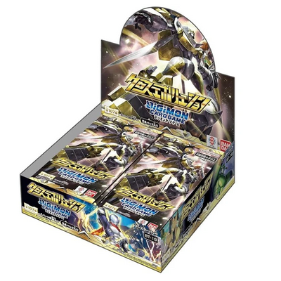 Caja de 24 sobres Digimon Card Game BT-19 Xros Evolution con diseño de Shoutmon en tonos dorados y oscuros.