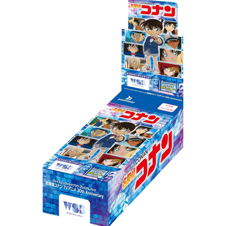Caja de sobres Weiss Schwarz Blau Detective Conan 30 aniversario con diseño azul, ilustraciones de personajes y logo oficial.