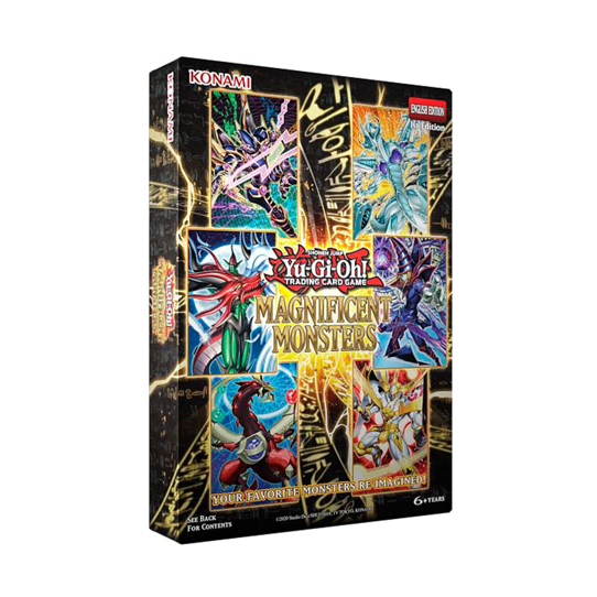 Caja de cartas Yu-Gi-Oh! Magnificent Monsters con diseño negro, detalles dorados y arte de monstruos clásicos en la portada.