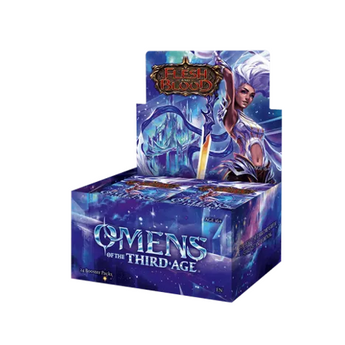 Caja de 24 sobres Flesh & Blood Omens of the Third Age con diseño azul eléctrico, arte de héroe y logo del set.