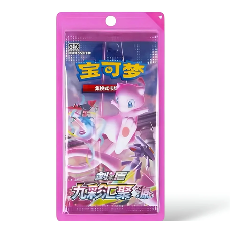 Nine Colors Gathering S4bC Origin trading card blister pack featuring Mew and Genesect on a pink plastic backing.