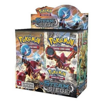 Caja de 36 sobres de cartas Pokémon TCG XY Steam Siege con diseño de Mega Gardevoir y Volcanion en tonos azul y rojo.
