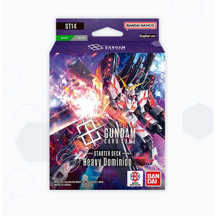 Caja de Gundam TCG Starter Deck ST14 Heavy Dominion con ilustración de robot en tonos morados y rojos.
