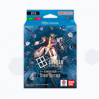 Caja de mazo inicial Gundam TCG ST13 Silent Barrage con ilustración de robot mecha sobre fondo azul espacial y detalles en rojo.