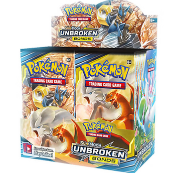 Caja de 36 sobres de cartas Pokémon Sol y Luna Vínculos Indestructibles con ilustraciones de Reshiram, Charizard y Lucario.