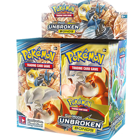 Caja de 36 sobres de cartas Pokémon Sol y Luna Vínculos Indestructibles con ilustraciones de Reshiram, Charizard y Lucario.