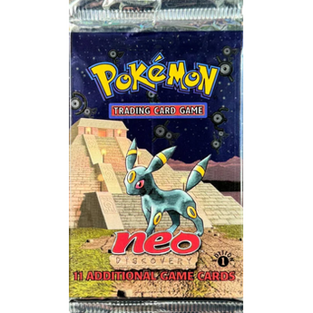 Sobre de Pokémon Neo Discovery 1st Edition con Umbreon, ruinas antiguas y Unown sobre fondo azul oscuro.
