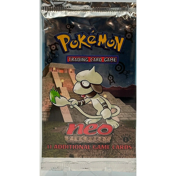 Sobre sellado de Pokémon Neo Discovery 1st Edition con Smeargle, ruinas antiguas y logo de primera edición en empaque metálico.