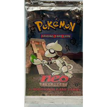 Sobre sellado de Pokémon Neo Discovery 1st Edition con Smeargle, ruinas antiguas y logo de primera edición en empaque metálico.