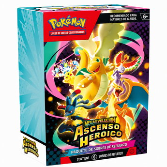 Caja de Booster Bundle Pokémon Héroes Ascendentes con Mega Dragonite y Lucario sobre fondo negro y azul brillante.