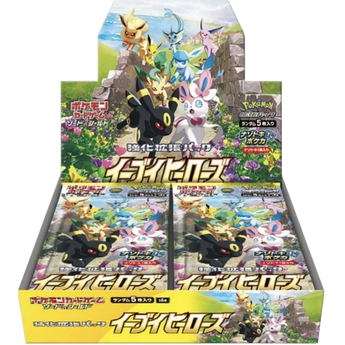 Caja de sobres Pokémon Eevee Heroes con ilustraciones coloridas de Eevee y sus evoluciones en un diseño de cartón.