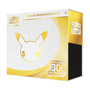 Caja de Entrenador Élite Pokémon 30 Aniversario en color blanco y dorado con diseño de Pikachu y logo conmemorativo.
