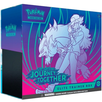Caja de colección Pokémon Elite Trainer Box Journey Together con diseño azul y magenta de un entrenador y su Pokémon.