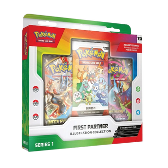 Caja sellada Pokémon First Partner Illustration Collection Serie 1 con sobres de cartas y pegatinas de compañeros iniciales.