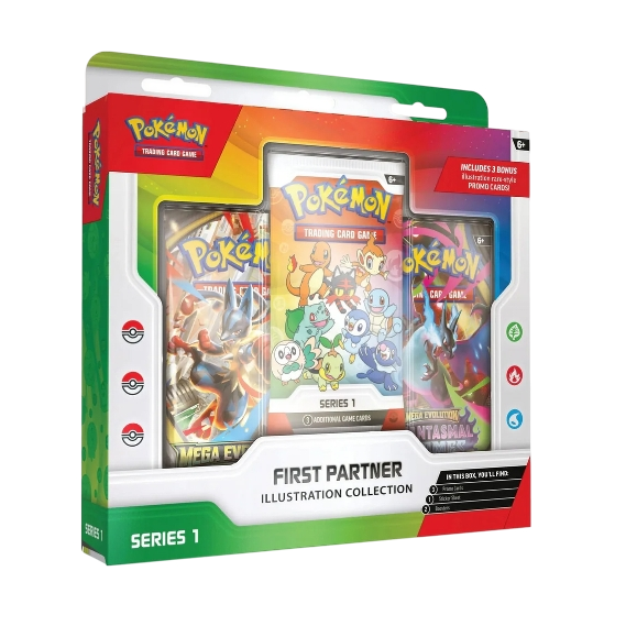Caja sellada Pokémon First Partner Illustration Collection Serie 1 con sobres de cartas y pegatinas de compañeros iniciales.