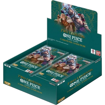 Caja expositora verde de 24 sobres One Piece TCG OP08 Two Legends con ilustraciones de Gol D. Roger y Barbablanca.