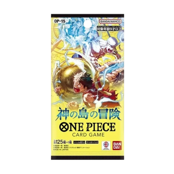 Sobre de cartas One Piece OP15 Adventure on KAMI’s Island con diseño amarillo y arte de Luffy y Enel en acción.