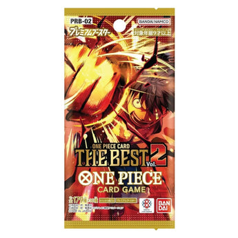 Sobre de cartas One Piece PRB-02 The Best vol.2 con ilustración de Luffy en tonos dorados y rojos, edición japonesa premium.