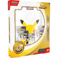 Caja de colección Pokémon 30 Aniversario con álbum temático, cinco sobres de cartas y diseño en blanco y dorado con Pikachu.