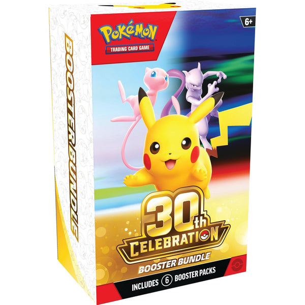 Caja de Pokémon Celebraciones 30 Aniversario con Pikachu, Mew y Mewtwo, incluye 6 sobres de cartas coleccionables.