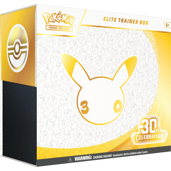 Caja Élite Pokémon 30 Aniversario con diseño blanco y dorado, logotipo de Pikachu y detalles metálicos en una caja coleccionable.