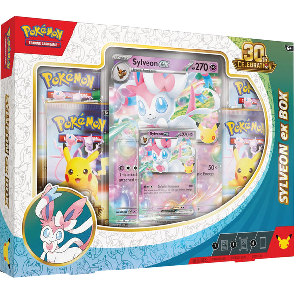 Caja de colección Pokémon Sylveon ex 30.º Aniversario con carta promocional grande, carta estándar y cuatro sobres de refuerzo.