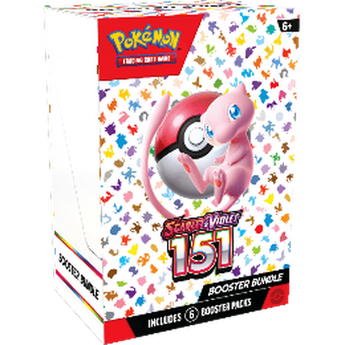Caja de cartón Pokémon 151 Booster Bundle con Mew y una Poké Ball sobre un fondo blanco con siluetas de Pokémon coloridas.