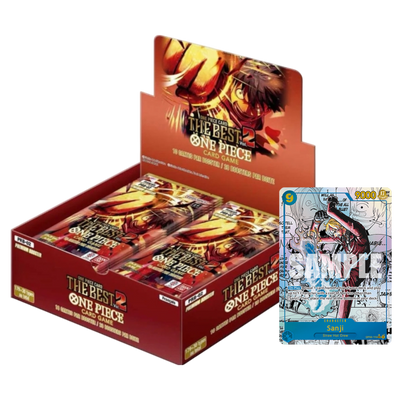 Caja de sobres One Piece PRB-02 The Best vol.2 con diseño rojo y carta de Sanji destacada en primer plano.