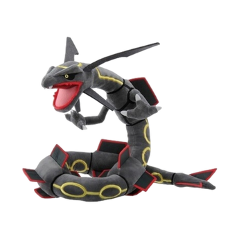 Peluche de Rayquaza Shiny en color negro con detalles amarillos y rojos, diseño de felpa suave en postura sentada.