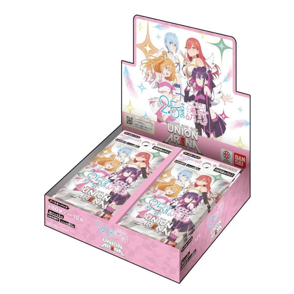 Caja expositora de sobres Union Arena 2.5 Dimensional Temptation con ilustraciones de personajes anime en tonos rosas y blancos.