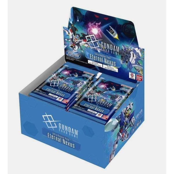Display sellado de Gundam TCG Eternal Nexus con 24 sobres azules decorados con ilustraciones de mechas y logotipos oficiales.