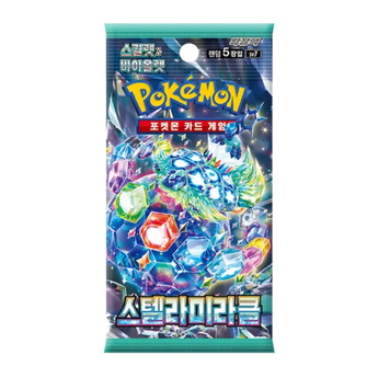 Sobre de cartas Pokémon Stellar Miracle SV7 con diseño brillante y colorido de Terapagos sobre fondo cósmico azul.